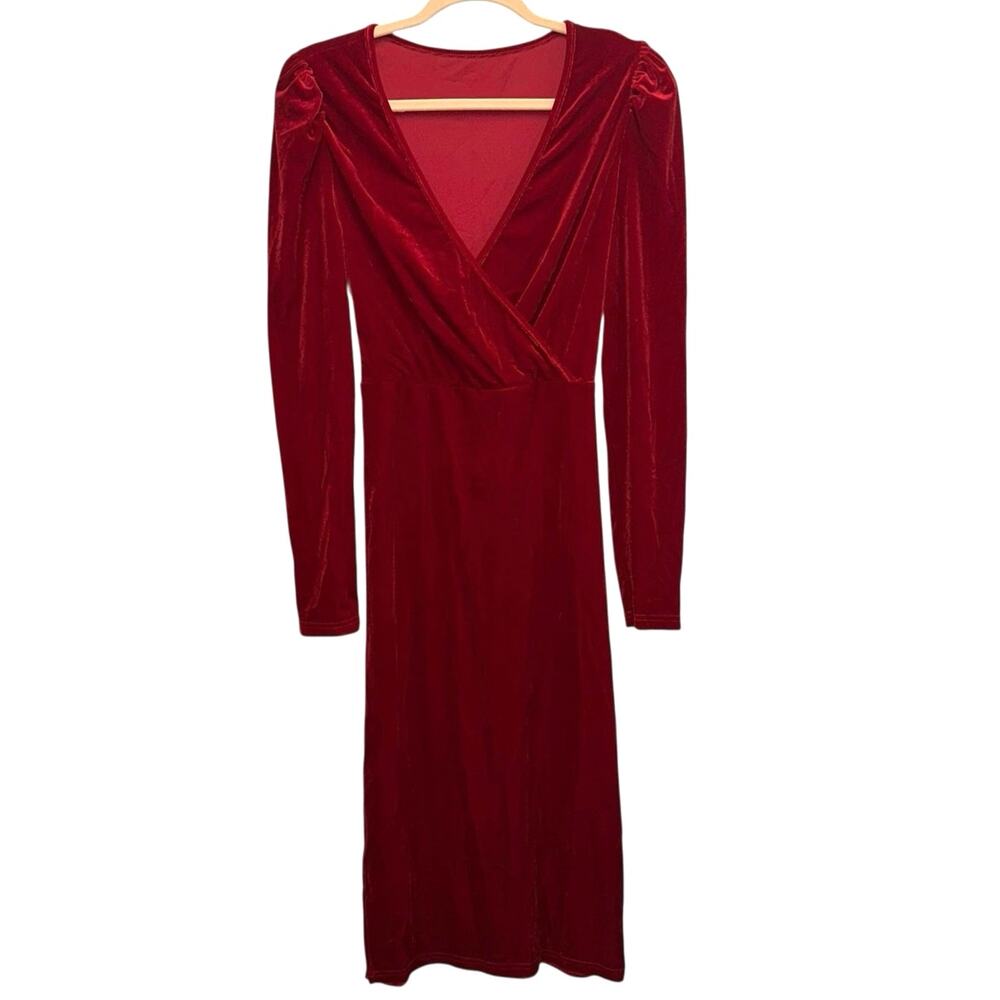 SHEIN Red Velvet Wrap Midi Dress Long Sleeve Holiday Party Large